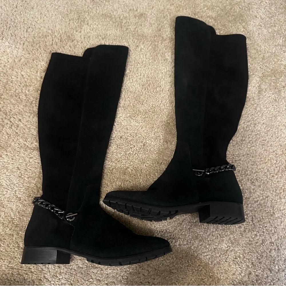 Karl Lagerfeld Paris Shay Black Suede Knee High Chain Boots Women Size 10